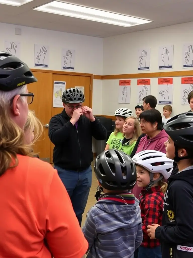 A photo of a cycling safety workshop, with instructors demonstrating proper helmet fitting and hand signals to a group of attentive participants.