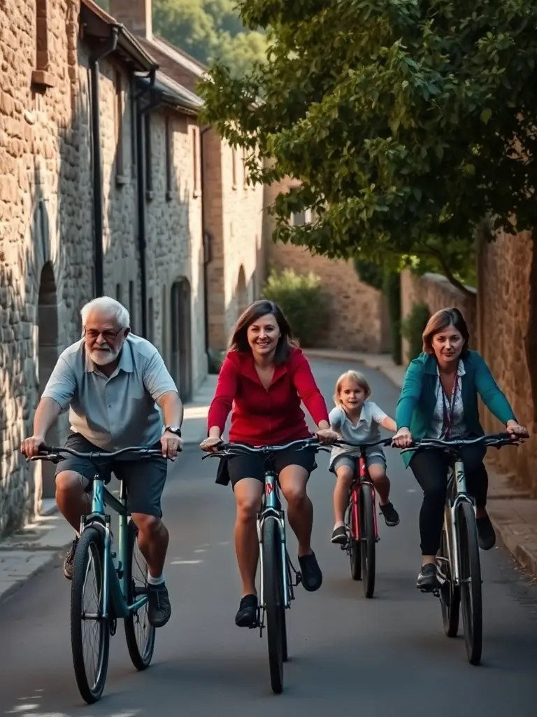 A group of cyclists of varying ages and abilities participating in a leisurely ride through a picturesque French village, showcasing the community aspect of ASS VELO LOISIRS LIGINIACOIS.