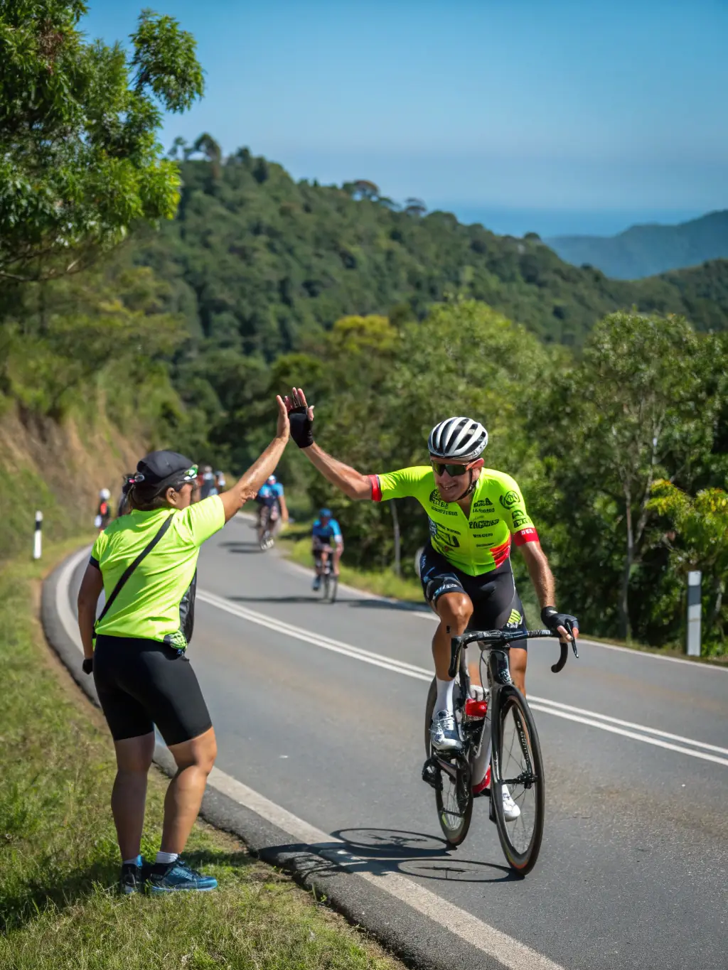 A cyclist smiling confidently while wearing the club's jersey, symbolizing pride and belonging.