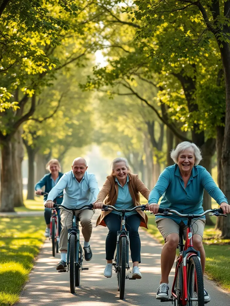 A group of cyclists of varying ages and abilities riding together on a paved path through a scenic park, with trees and greenery in the background, representing the inclusive nature of the beginner cycling program.