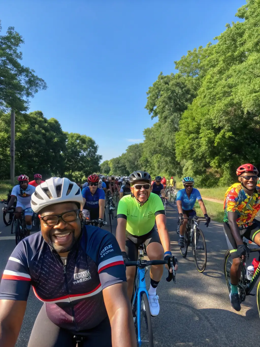 A group of cyclists of varying ages and abilities riding together on a sunny day, showcasing the inclusive nature of the club.