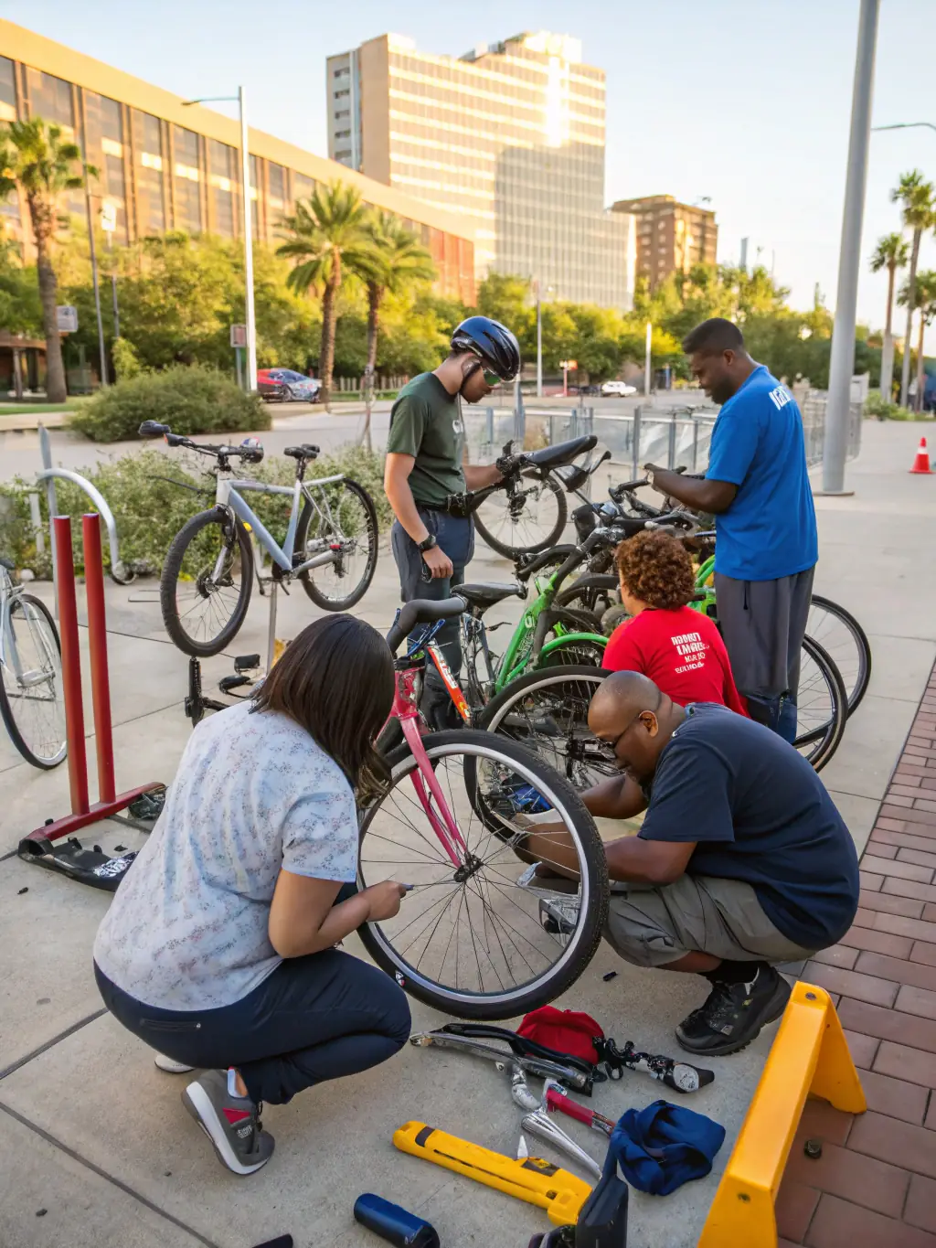 A group of volunteers repairing bicycles at a community event, highlighting the organization's commitment to accessible cycling.
