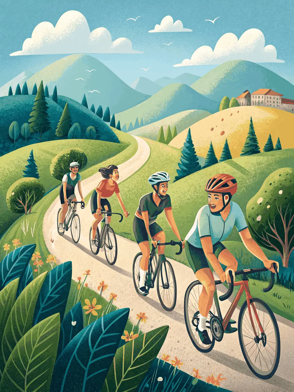 A group of cyclists participating in a long-distance ride through rolling hills and vineyards, with support vehicles visible in the distance, highlighting the challenge and camaraderie of the advanced cycling program.
