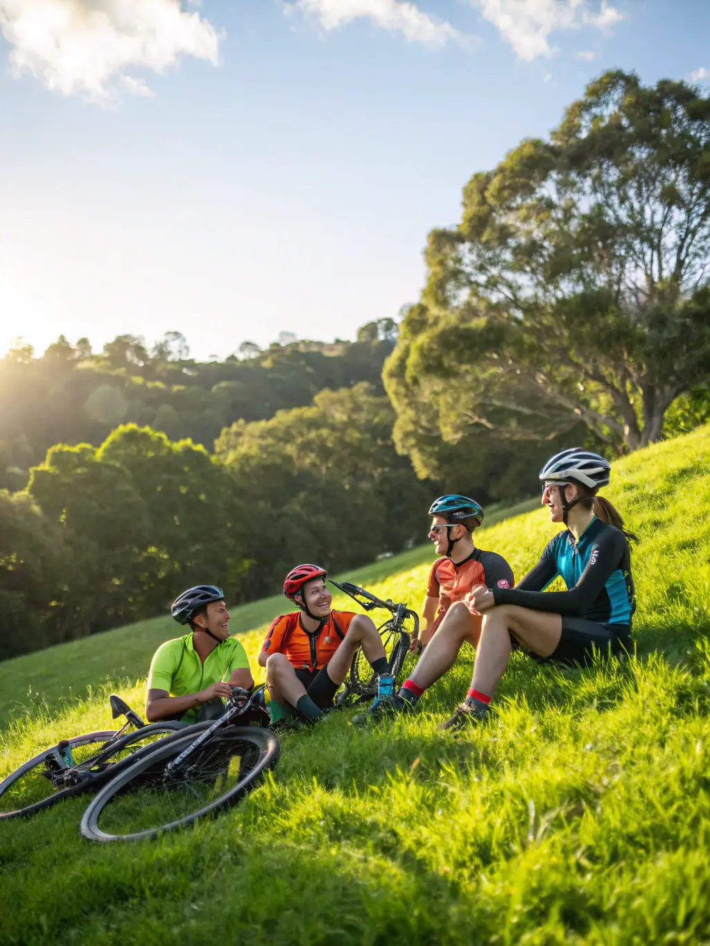 A photo of club members socializing after a ride, laughing and enjoying each other's company, emphasizing the social aspect.
